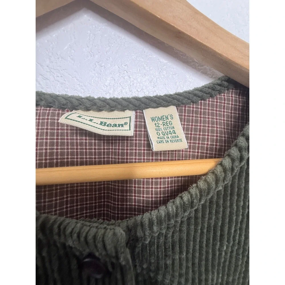 LL Bean Corduroy Midi Dress Womens 12 Olive Green Button Cotton Long Sleeve - Picture 3 of 5